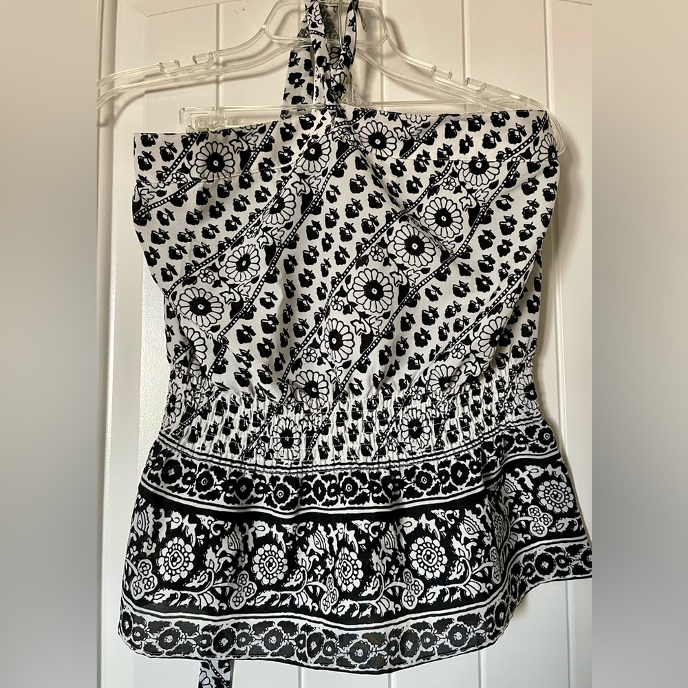 LOFT Black and White Halter Smocked Blouse